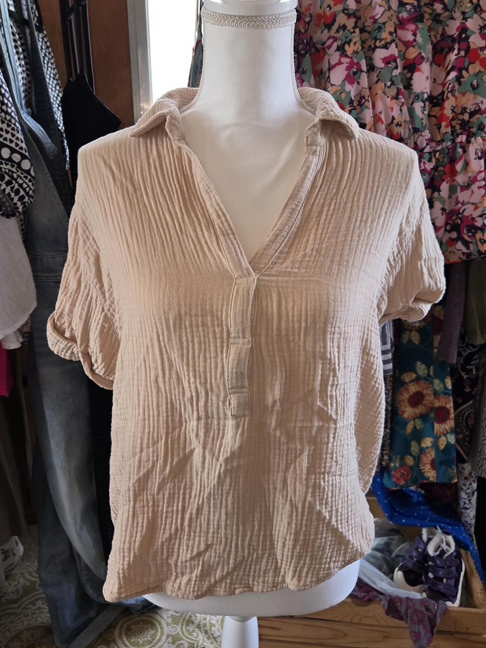 Magaschoni Peach Cotton Gauze V-Neck Short Sleeve Blouse